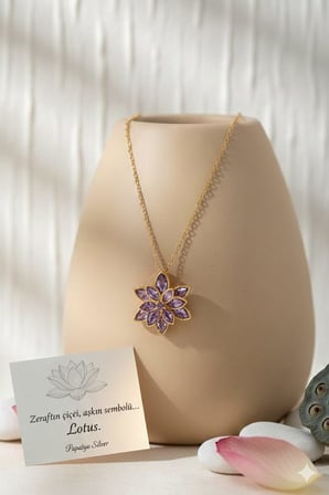 925 Ayar Zirkon Taşlı Lotus Çiçeği Kolye.rose.gold.rodaj