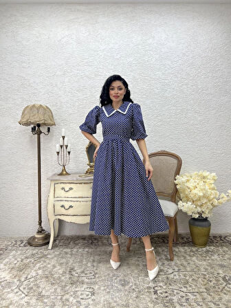 Yakalı Lacivert Puantiyeli Beyaz Dantelli Kloş Elbise