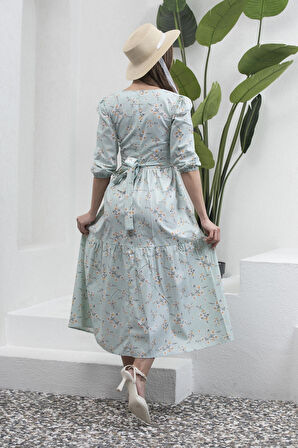 Su Yeşili V Yaka Midi Boy Bahar Dalı Poplin Elbise