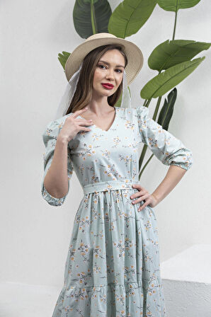 Su Yeşili V Yaka Midi Boy Bahar Dalı Poplin Elbise