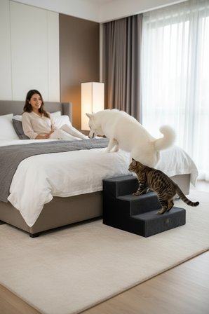 Holidog Büyük Boy Kedi Ve Köpek Merdiveni Ortopedik Basamaklı Fermuarlı Sert Süngerli 40cm X 52cm X 52cm