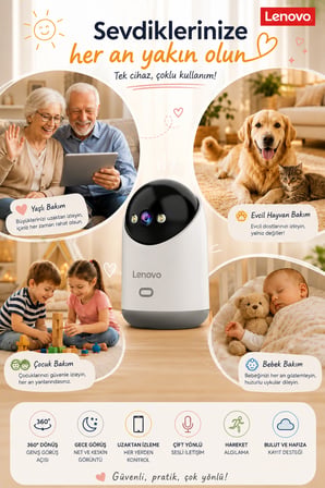 LENOVO 5MP WİFİ Bebek Evcil Hayvan Yaşlı Bakım Kamerası Gece Görüşlü Bebek Kamerası