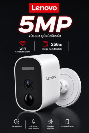 LENOVO 5MP WİFİ Adaptörlü Uzaktan İzlenebilen Gece Görüşlü Hareket Algılamalı Güvenlik Kamerası
