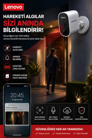 LENOVO 5MP WİFİ Adaptörlü Uzaktan İzlenebilen Gece Görüşlü Hareket Algılamalı Güvenlik Kamerası