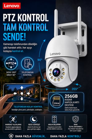 LENOVO 5MP WİFİ Adaptörlü Dış Mekan Gece Görüşlü Karşılıklı Konuşma Özellikli Güvenlik Kamerası
