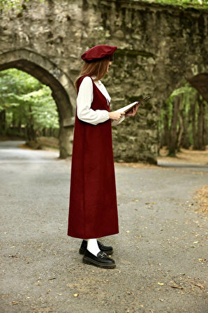  Bordo Kaşe Uzun Kışlık V Yaka Jile Elbise ve Kaşe Şapka (2 li takım)