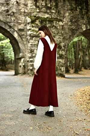  Bordo Kaşe Uzun Kışlık V Yaka Jile Elbise ve Kaşe Şapka (2 li takım)