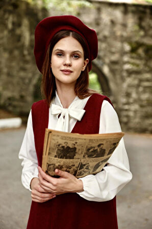  Bordo Kaşe Uzun Kışlık V Yaka Jile Elbise ve Kaşe Şapka (2 li takım)