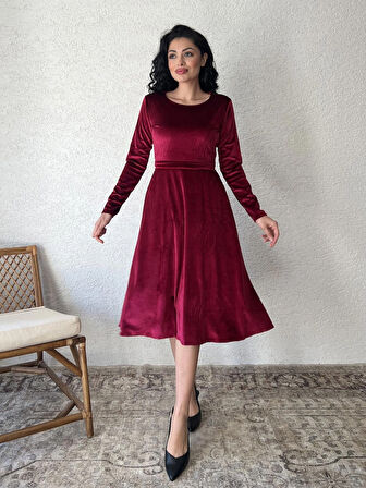 Bordo Kısa Kloş Kadife Elbise