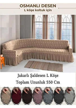 Starmall jakarli Şal desen 7 Kişilik L köşe koltuk örtüsü, Esnek koltuk kılıfı, osmanlı desen (550cm) Taş