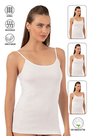 Özkan 0107 3'lü Paket Kadın %100 Pamuklu Ribana Esnek Rahat İp Askılı Örme Atlet