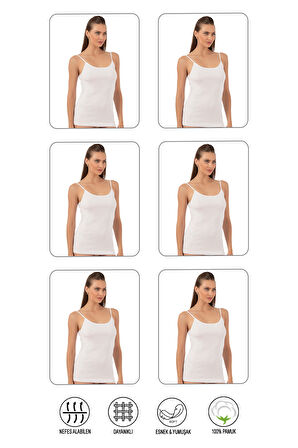 Özkan 0107 6'lı Paket Kadın %100 Pamuklu Ribana Esnek Rahat İp Askılı Örme Atlet