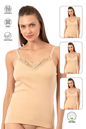 Özkan 0110 3'lü Paket Kadın Ribana %100 Pamuklu Güpürlü Esnek Rahat Ince Askılı Atlet