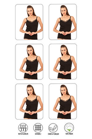 Özkan 0110 6'lı Paket Kadın Ribana %100 Pamuklu Güpürlü Esnek Rahat Ince Askılı Atlet