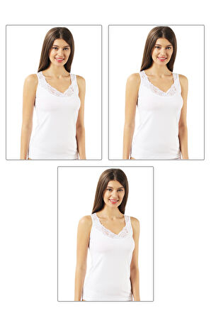 Özkan 0181 3'lü Paket Kadın Pamuklu Likralı Süprem Kumaş Yakası Dantelli Esnek Rahat Kalın Askılı Atlet