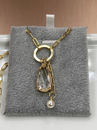 💎 14 Ayar Altın Kaplama Taşlı & İnci Detaylı Kolye – Renk Atmaz, Kararma Yapmaz, Garantili