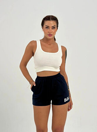 Maison La Femme Kadın Beli Lastikli Nakış Lacivert Şort