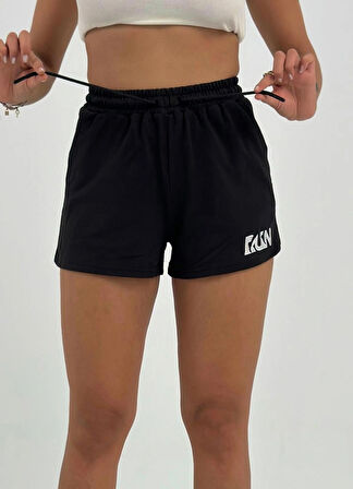 Maison La Femme Kadın Beli Lastikli Nakışlı Siyah Şort