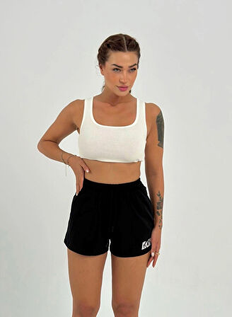 Maison La Femme Kadın Beli Lastikli Nakışlı Siyah Şort