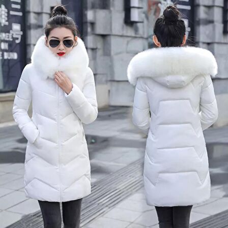 Barbora Günlük Kışlık Kapişonu Kürklü Kadın Şişme Mont bt331beyaz