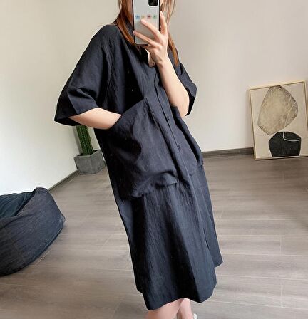 Barbora Keten Günlük Cep Detaylı Salaş Kadın Elbise LN260siyah