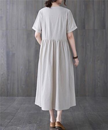 Barbora Keten Günlük Rahat V Yaka Beli Büzgü Detaylı Düğmeli Elbise ln04ekru1