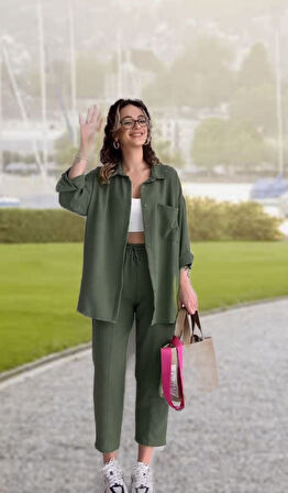 Barbora Keten Günlük İkili Takım Elbise Pantolon Gömlek Ln21haki15