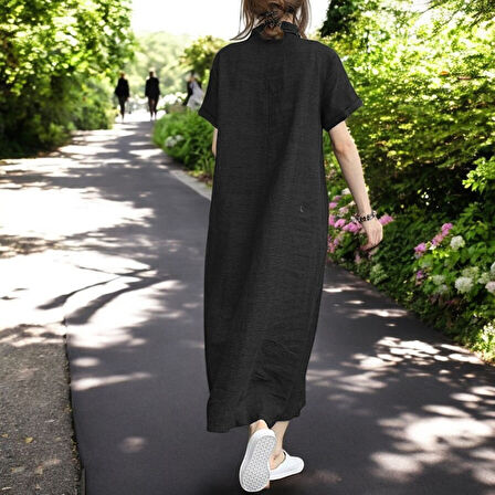 Yazlık Tam Boy Gömlek Yaka Salaş Keten Elbise