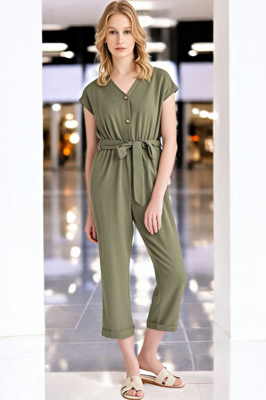 Yazlık V Yaka Kolsuz Şık Keten Tulum