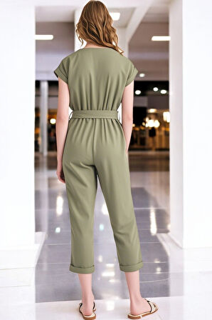 Yazlık V Yaka Kolsuz Şık Keten Tulum