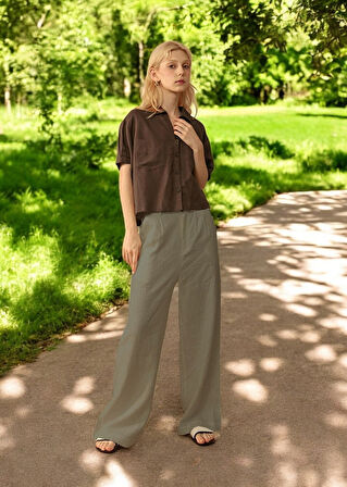 Yazlık Düğmeli Tasarım Kadın Keten Pantolon