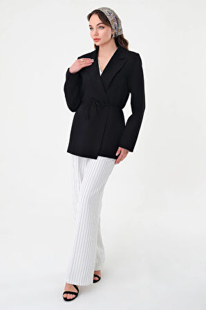 Kadın Siyah Bel Bağlamalı Blazer Ceket