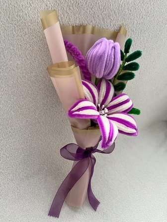 Crystal Coza El Yapımı Lila Solmaz Şönil Çiçek Buketi - Özel Günler İçin Mini Aranjman