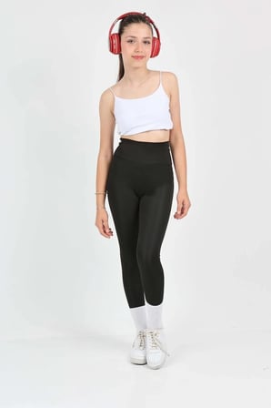 Kız Çocuk Yüksek Bel, Koşu, Yürüyüş, Casual, Spor, Atletik, Egzersiz, Fittness Tayt — Siyah