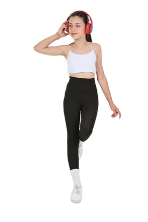 Kız Çocuk Yüksek Bel, Koşu, Yürüyüş, Casual, Spor, Atletik, Egzersiz, Fittness Tayt — Siyah