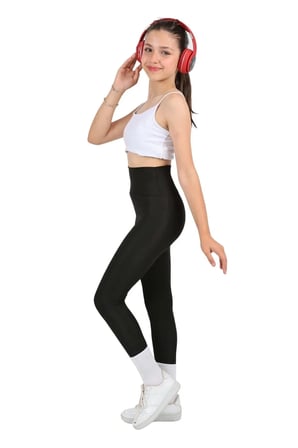 Kız Çocuk Yüksek Bel, Koşu, Yürüyüş, Casual, Spor, Atletik, Egzersiz, Fittness Tayt — Siyah