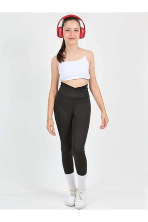 Kız Çocuk Yüksek Bel Kruvaze Kemer, Koşu, Yürüyüş,  Casual, Spor, Atletik, Egzersiz, Fittness Tayt — Siyah