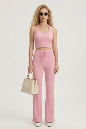 Kadın Bubble Kumaş Halter Yaka Dokulu Crop Top ve Geniş Paça Pantolon İkili Takım - 3005
