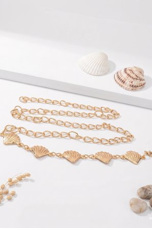 Kadın Gold Renk Deniz Kabuğu Figürlü Zincir Kemer Yazlık Elbise ve Plaj Kemeri 105 cm - MFR5016