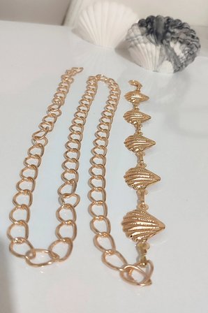 Kadın Gold Renk Deniz Kabuğu Figürlü Zincir Kemer Yazlık Elbise ve Plaj Kemeri 105 cm - MFR5016