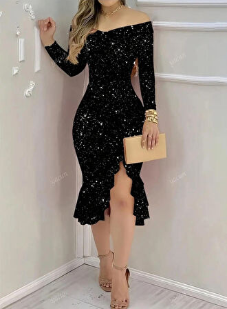 UZUN KOLLU SİYAH PAYETLİ MİNİ ELBİSE YÜKSEK YIRTIK VE BÜZGÜLÜ ETEK