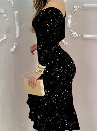 UZUN KOLLU SİYAH PAYETLİ MİNİ ELBİSE YÜKSEK YIRTIK VE BÜZGÜLÜ ETEK