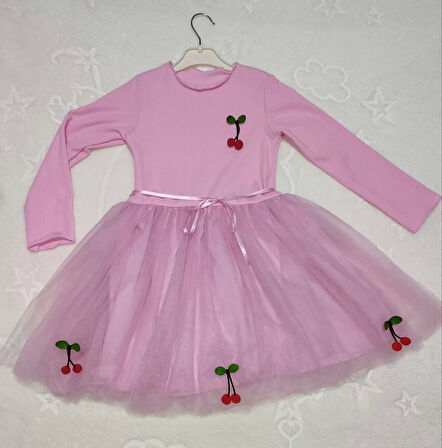Kiraz Desenli Kurdela Kuşaklı Astarlı Uzun Kollu Kız Çocuk Tütü Elbise Pembe