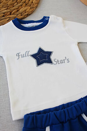 Full Star Nakışlı Şapkalı Uzun Kollu Sweat 3lü Erkek Bebek Takımı İndigo