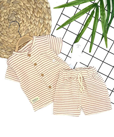 9-12-18-24 Ay Düğme Detaylı Çizgili Müslin Kumaş Yazlık 2li Erkek Bebek Takımı