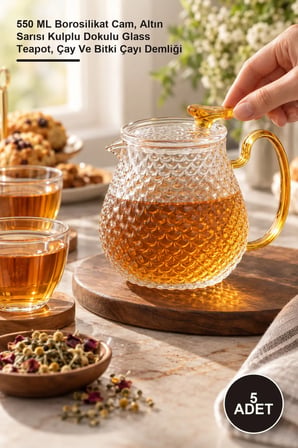 5 Adet Şık Tasarımlı Cam Demlik – 550 ML Borosilikat Cam, Altın Sarısı Kulplu Dokulu Glass Teapot, Çay Ve Bitki Çayı Demliği