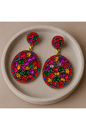 MAYURA - Işıltılı Renkli Taşlı Oval Küpe