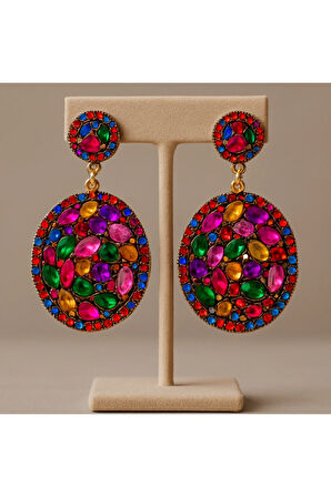 MAYURA - Işıltılı Renkli Taşlı Oval Küpe