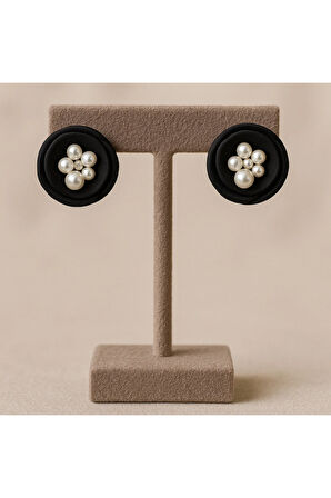 Perlina - Siyah Çiçek Formlu, İncili El Yapımı Zarif Küpe