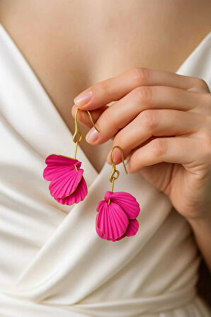 Fuchsia Bloom Altın Kaplama Pembe Çiçek Formlu El Yapımı Küpe